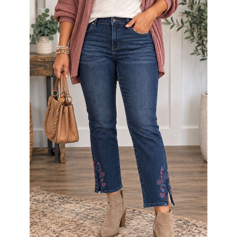 Chico's Girlfriend Slim Leg Ankle Jeans Embroidered Split Hem Dark Wash Size 1